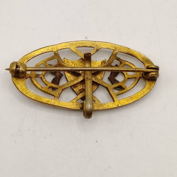 Vintage Gold-filled Open Work Oval Brooch W/ Solid Side Shield Plaque Center OS - Picture 2 of 3